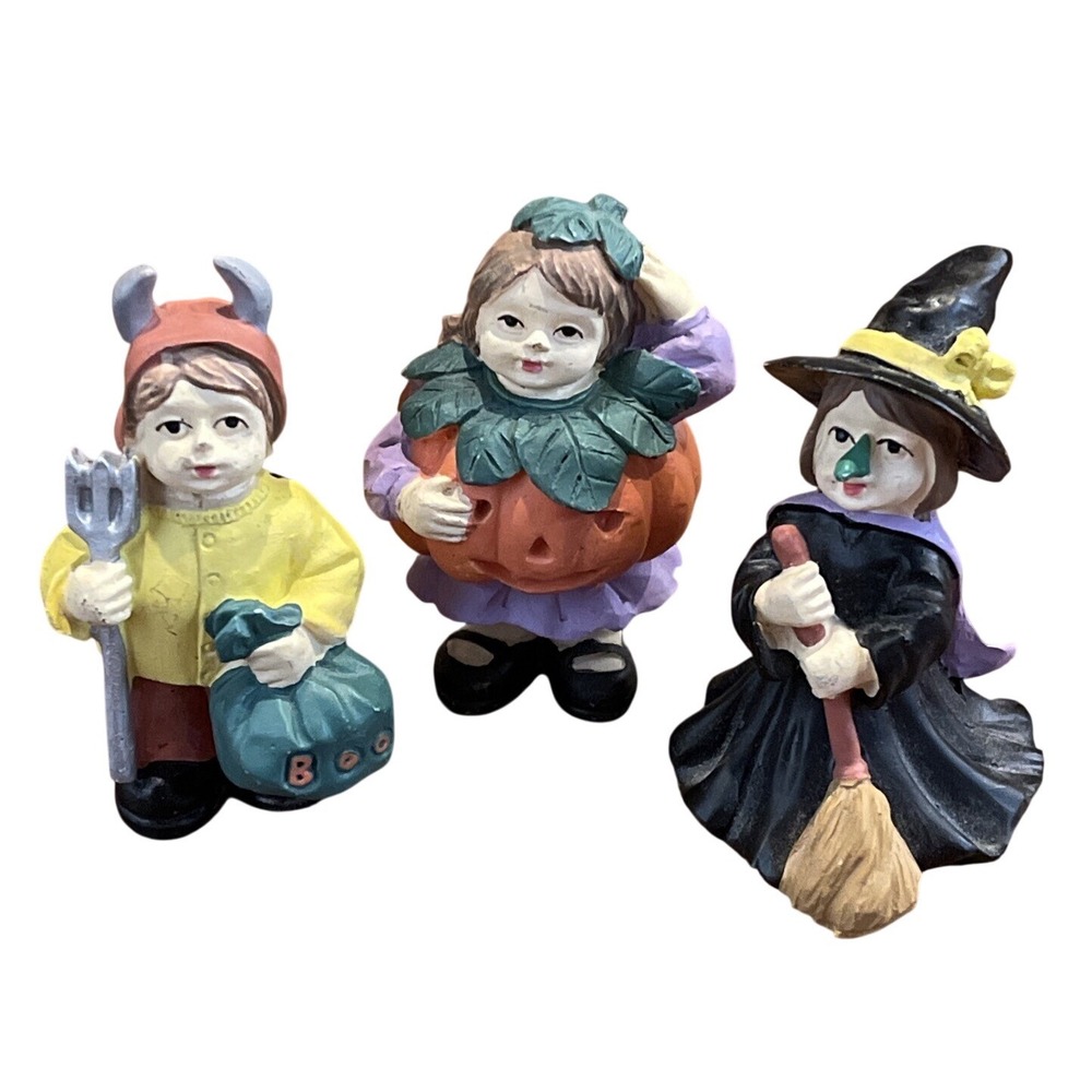 Vintage Halloween Ceramic Trick or Treat Kids Witch Pumpkin Devil 3" Figures Set